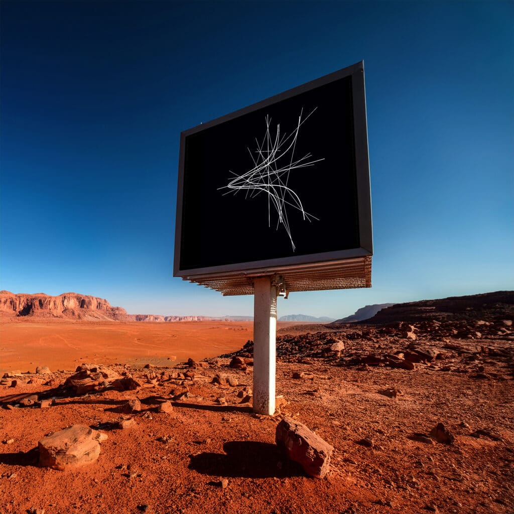 Desert billboard with geometric white line drawing